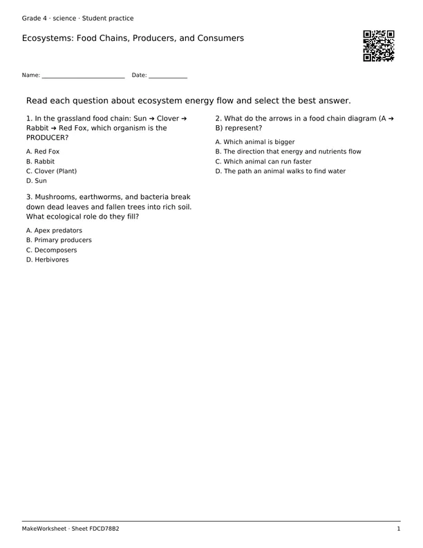 Ecosystems: Food Chains, Producers, and Consumers: first student practice page