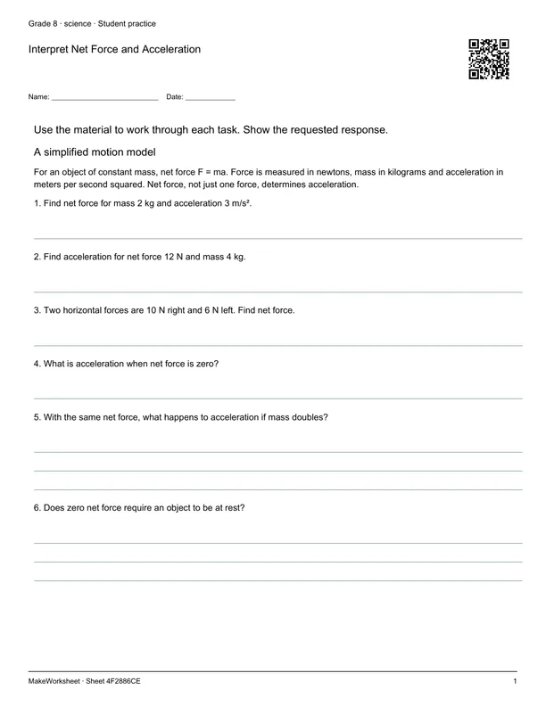 Interpret Net Force and Acceleration: first student practice page