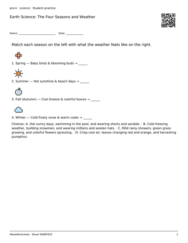 Earth Science: The Four Seasons and Weather: first student practice page