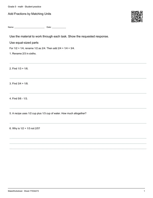 Add Fractions by Matching Units: first student practice page