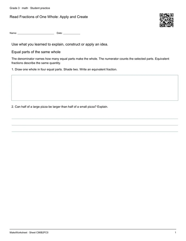 Read Fractions of One Whole: Apply and Create: first student practice page