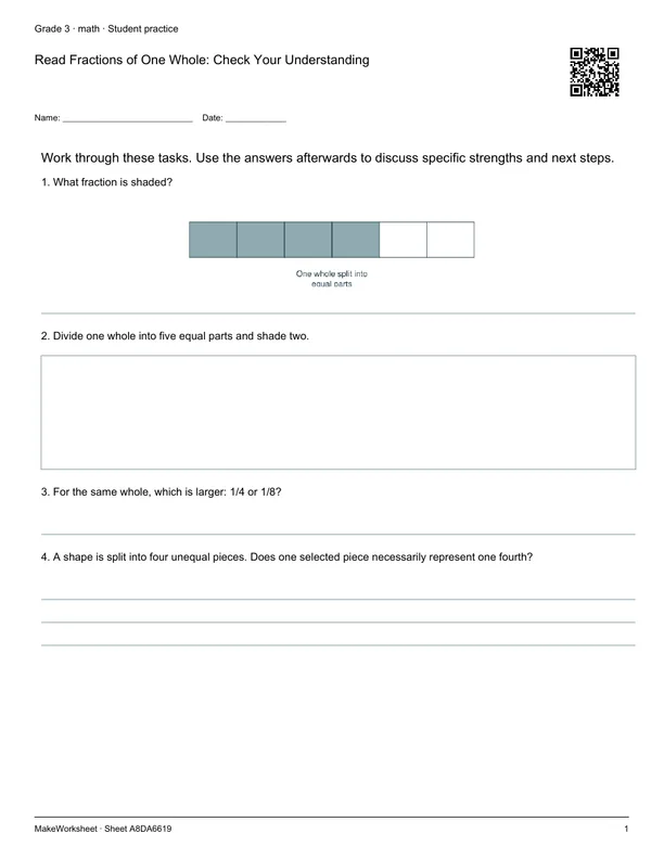 Read Fractions of One Whole: Check Your Understanding: first student practice page