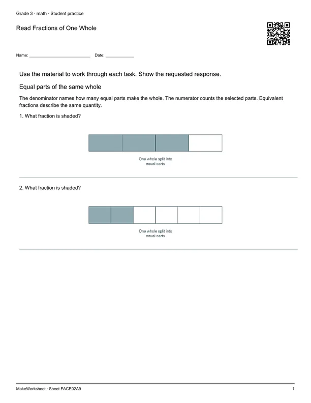 Read Fractions of One Whole: first student practice page