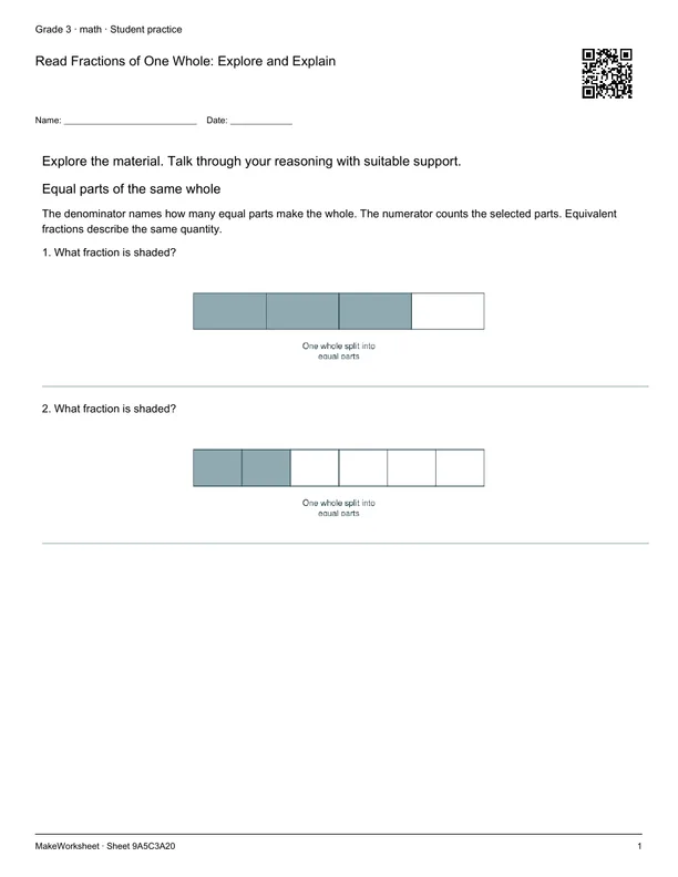 Read Fractions of One Whole: Explore and Explain: first student practice page