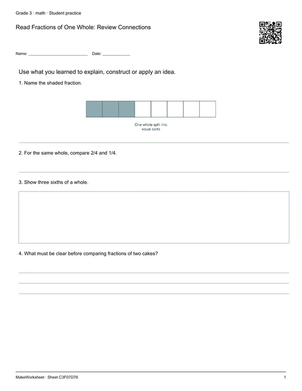 Read Fractions of One Whole: Review Connections: first student practice page