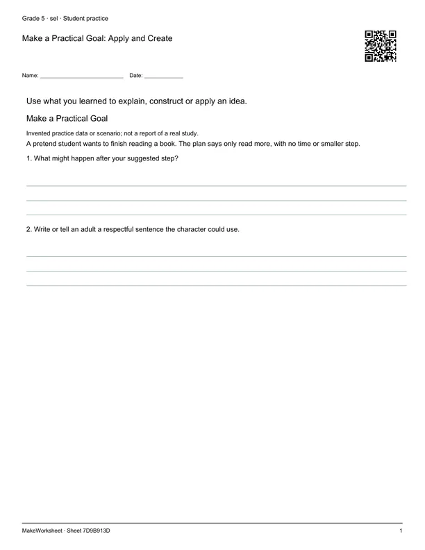 Make a Practical Goal: Apply and Create: first student practice page