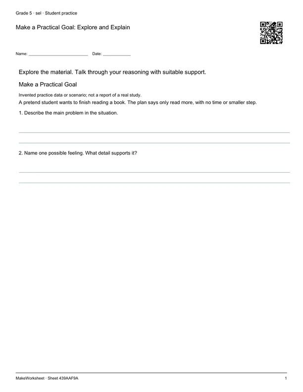 Make a Practical Goal: Explore and Explain: first student practice page