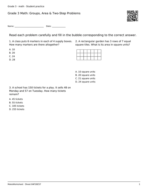 Grade 3 Math: Groups, Area & Two-Step Problems: first student practice page