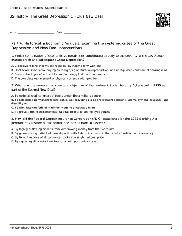 US History: The Great Depression & FDR's New Deal: first student practice page
