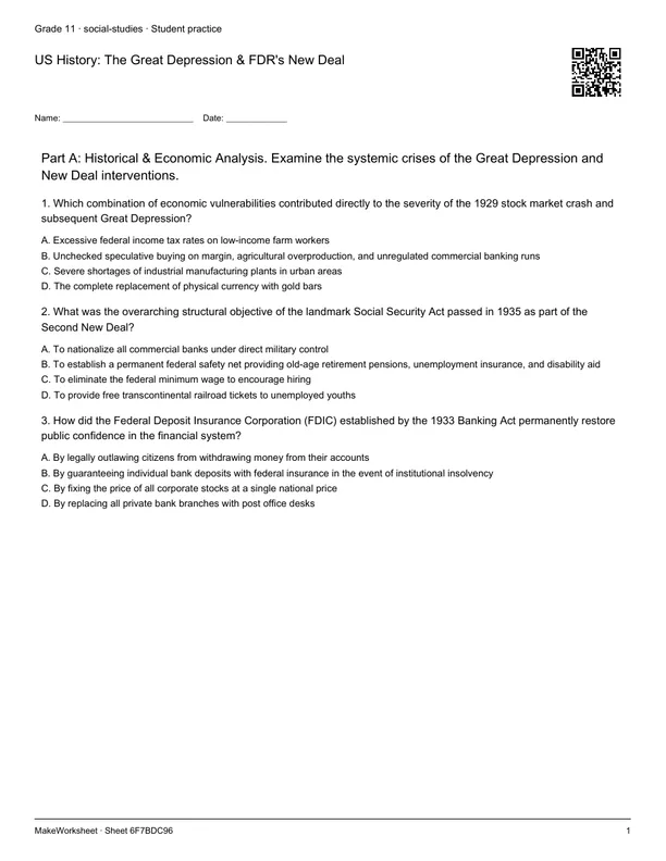 US History: The Great Depression & FDR's New Deal: first student practice page