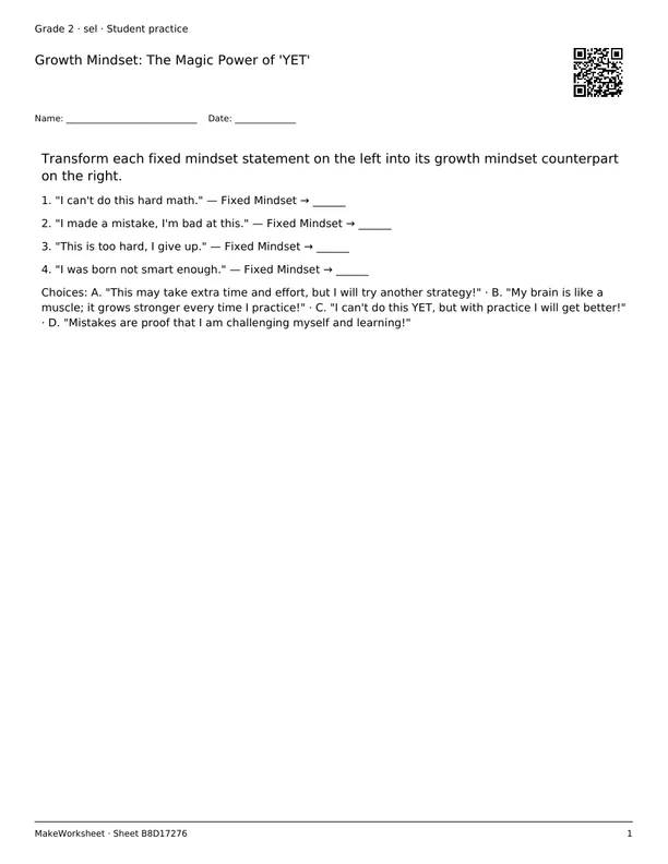Growth Mindset: The Magic Power of 'YET': first student practice page