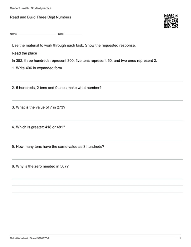 Read and Build Three Digit Numbers: first student practice page