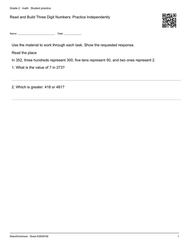 Read and Build Three Digit Numbers: Practice Independently: first student practice page