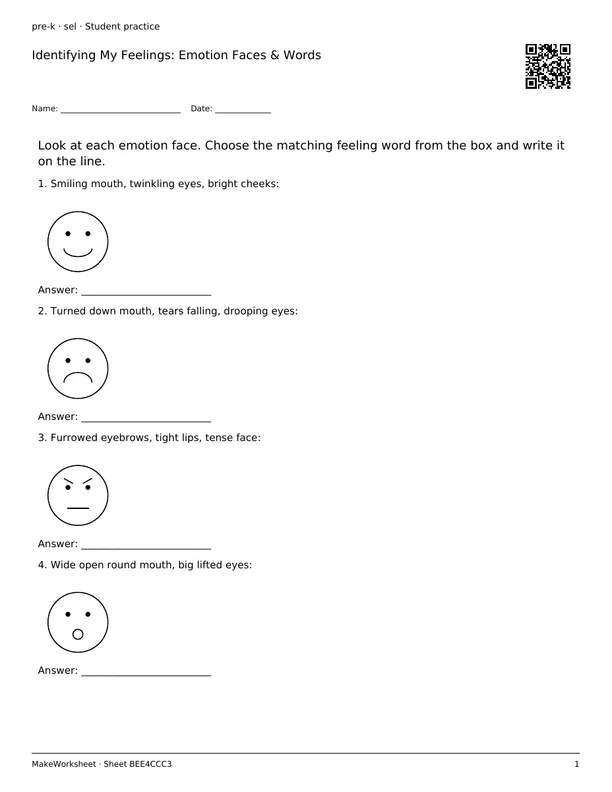 Identifying My Feelings: Emotion Faces & Words: first student practice page