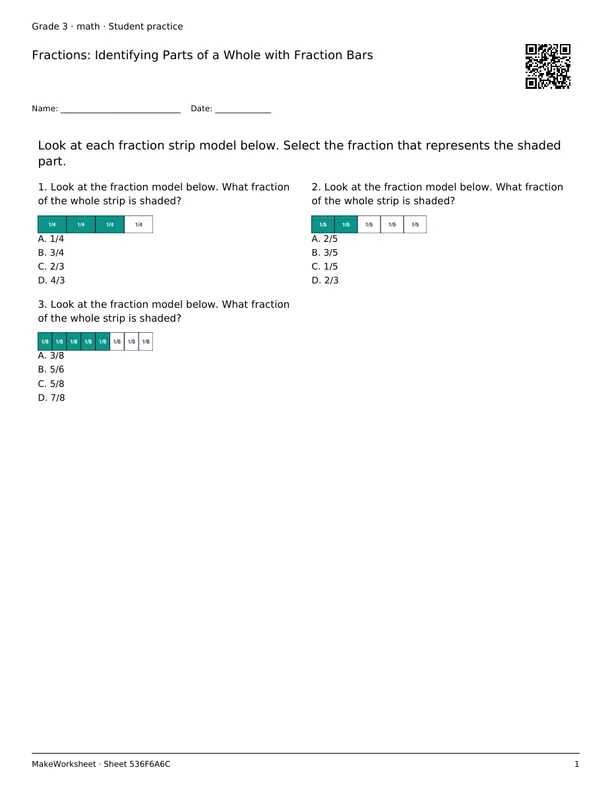 Fractions: Identifying Parts of a Whole with Fraction Bars: first student practice page
