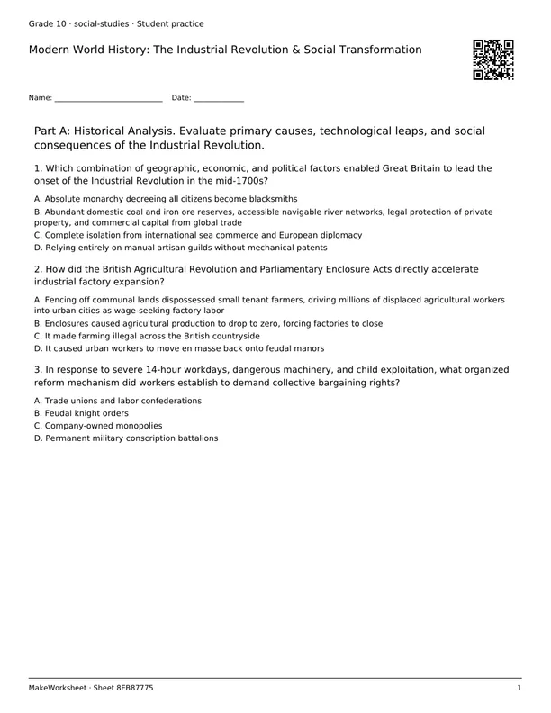 Modern World History: The Industrial Revolution & Social Transformation: first student practice page