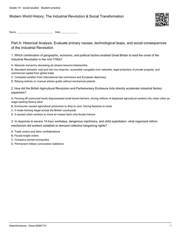 Modern World History: The Industrial Revolution & Social Transformation: first student practice page