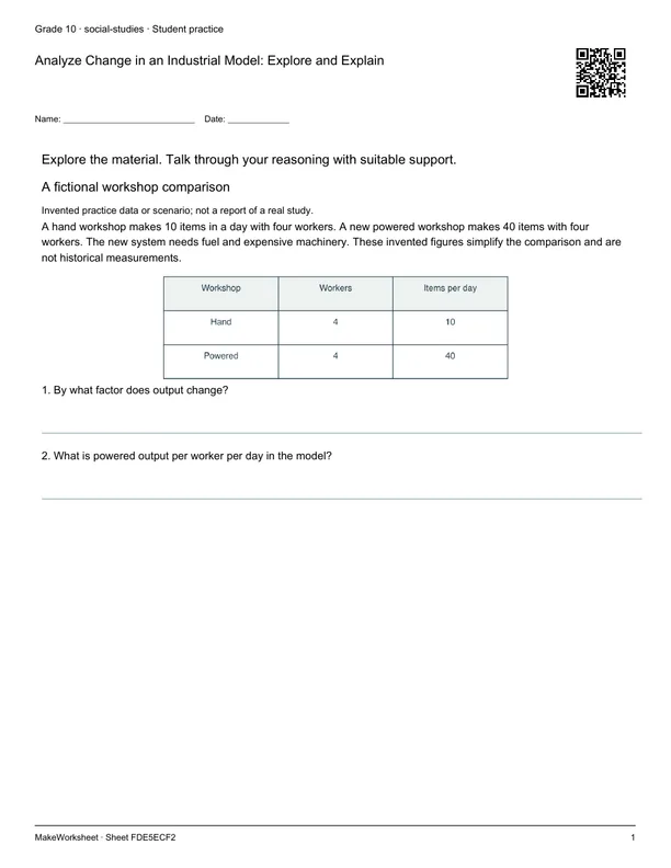 Analyze Change in an Industrial Model: Explore and Explain: first student practice page