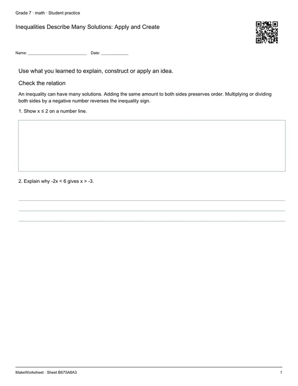 Inequalities Describe Many Solutions: Apply and Create: first student practice page