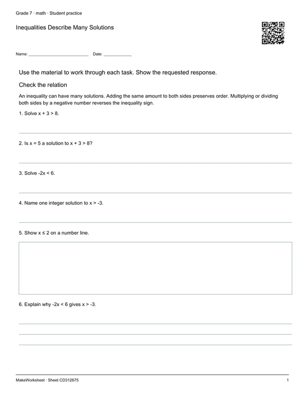 Inequalities Describe Many Solutions: first student practice page
