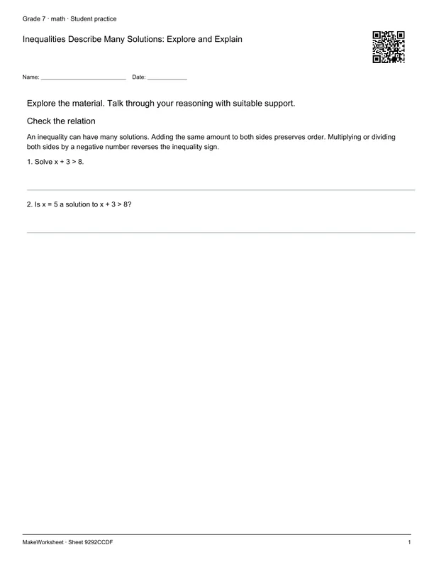 Inequalities Describe Many Solutions: Explore and Explain: first student practice page