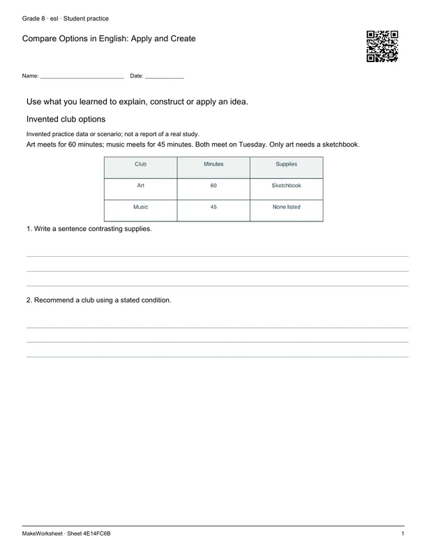 Compare Options in English: Apply and Create: first student practice page