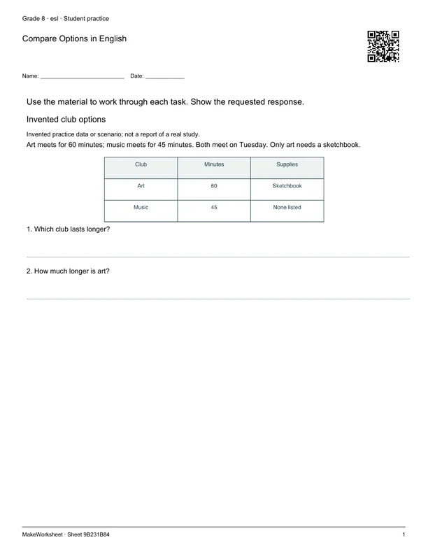 Compare Options in English: first student practice page