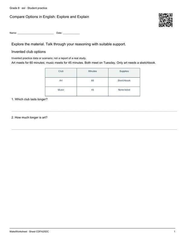 Compare Options in English: Explore and Explain: first student practice page