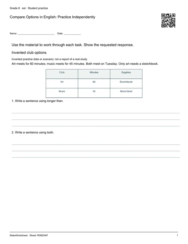 Compare Options in English: Practice Independently: first student practice page