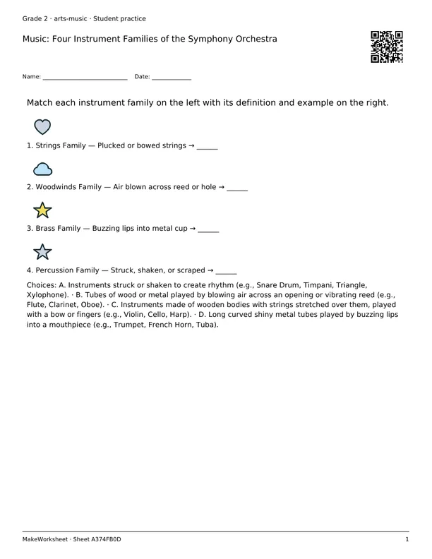 Music: Four Instrument Families of the Symphony Orchestra: first student practice page