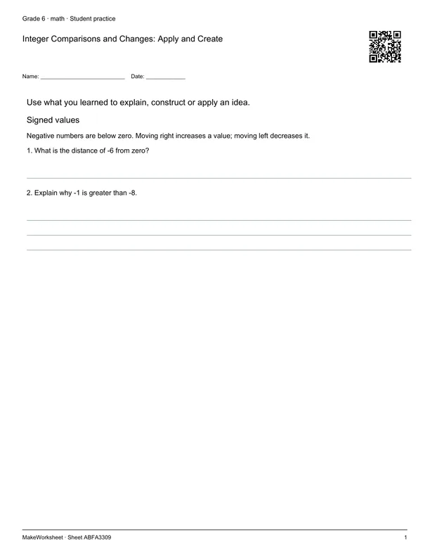 Integer Comparisons and Changes: Apply and Create: first student practice page