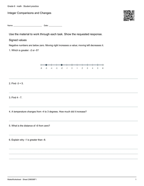 Integer Comparisons and Changes: first student practice page