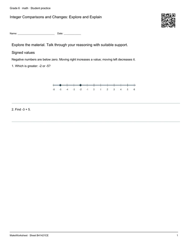 Integer Comparisons and Changes: Explore and Explain: first student practice page