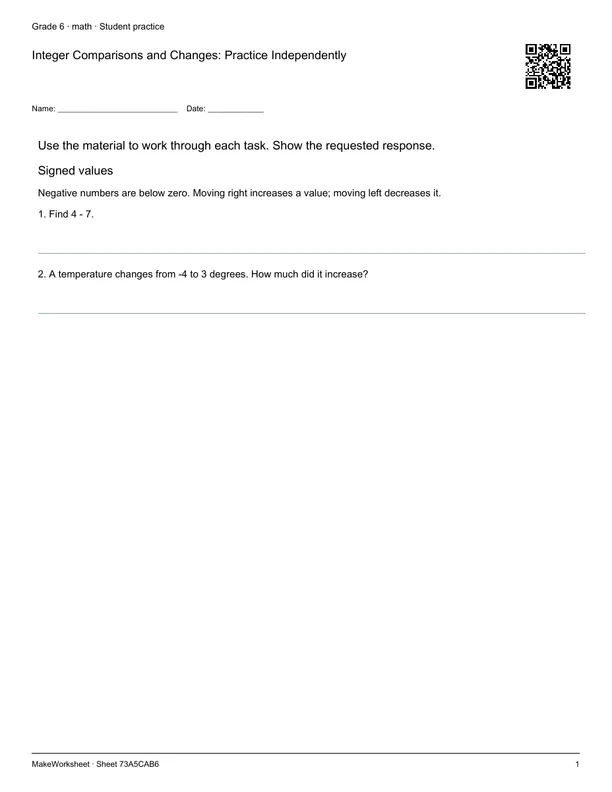Integer Comparisons and Changes: Practice Independently: first student practice page