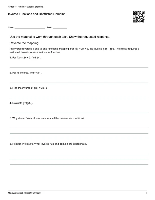 Inverse Functions and Restricted Domains: first student practice page