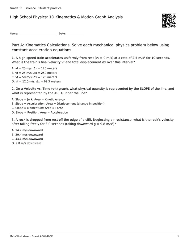 High School Physics: 1D Kinematics & Motion Graph Analysis: first student practice page