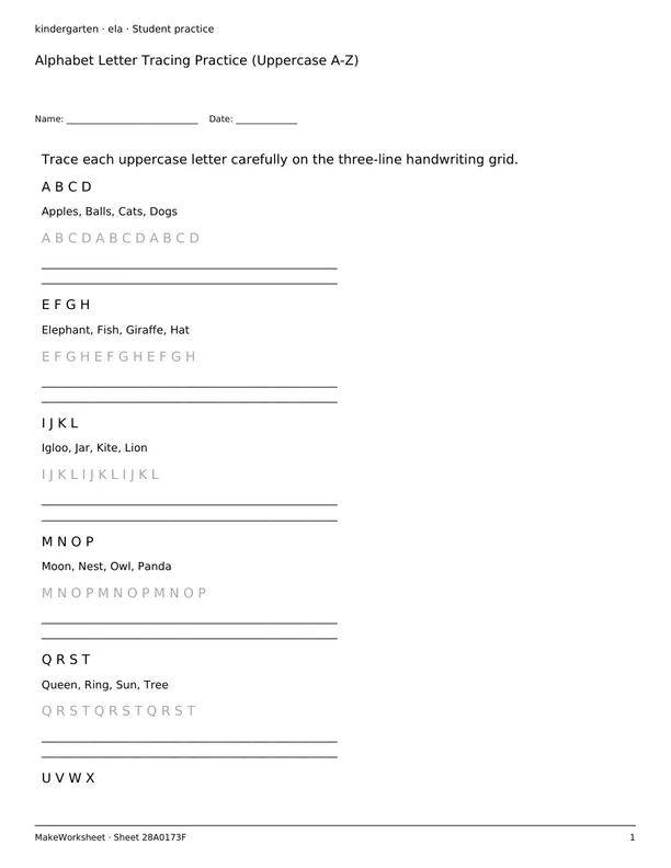 Alphabet Letter Tracing Practice (Uppercase A-Z): first student practice page