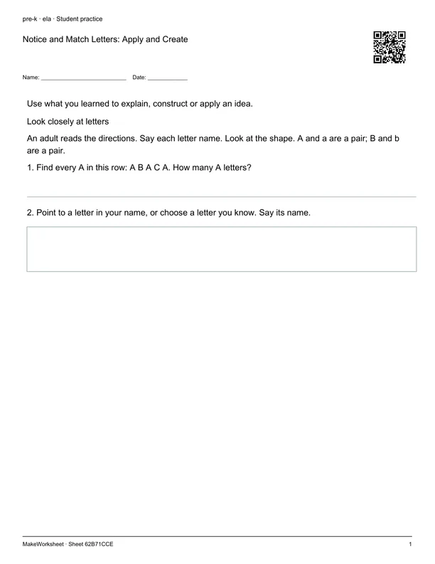 Notice and Match Letters: Apply and Create: first student practice page