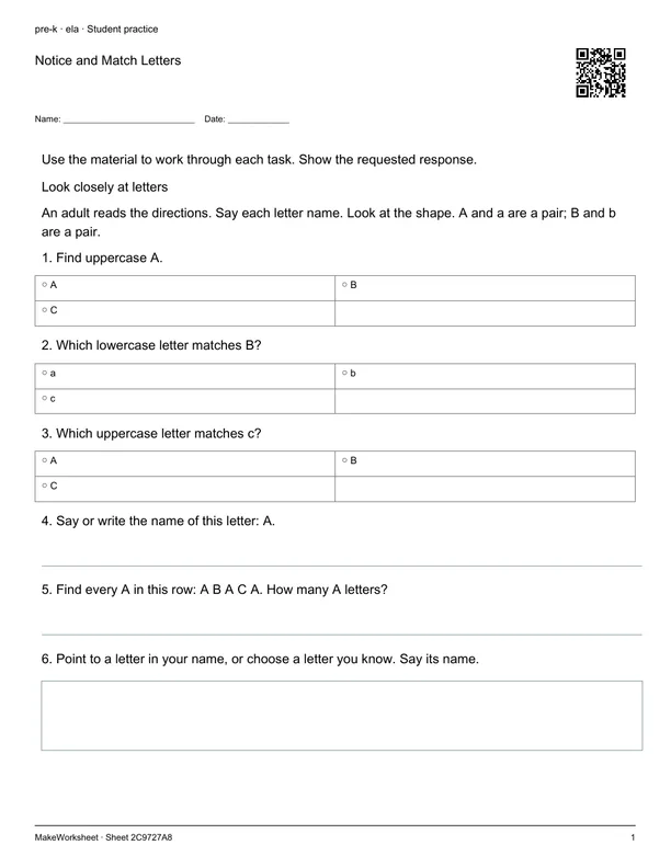 Notice and Match Letters: first student practice page