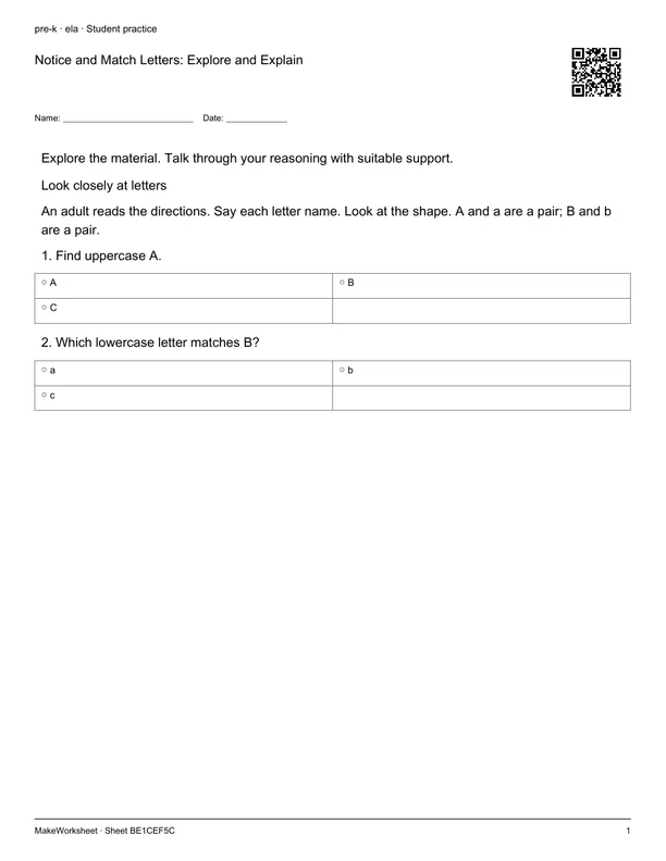 Notice and Match Letters: Explore and Explain: first student practice page