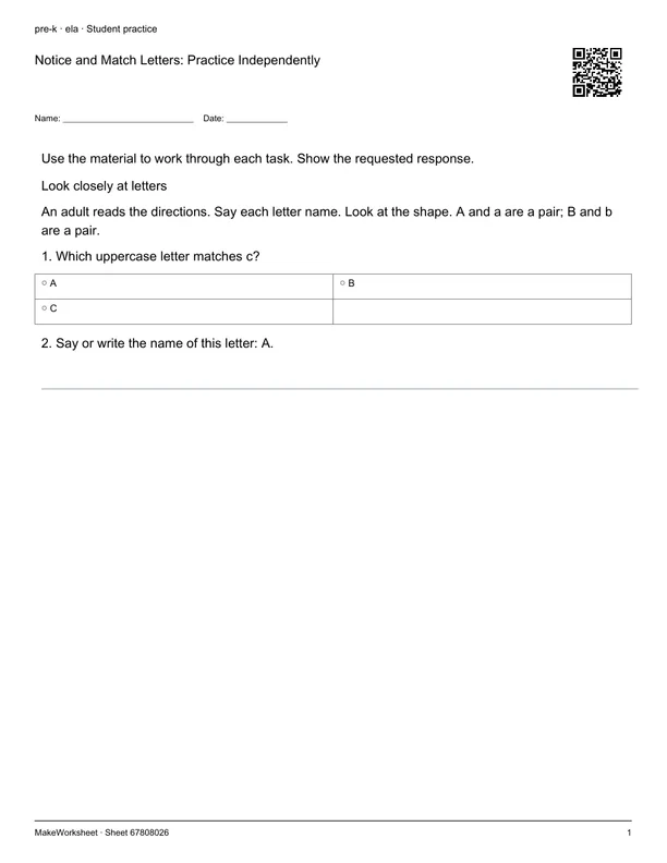 Notice and Match Letters: Practice Independently: first student practice page