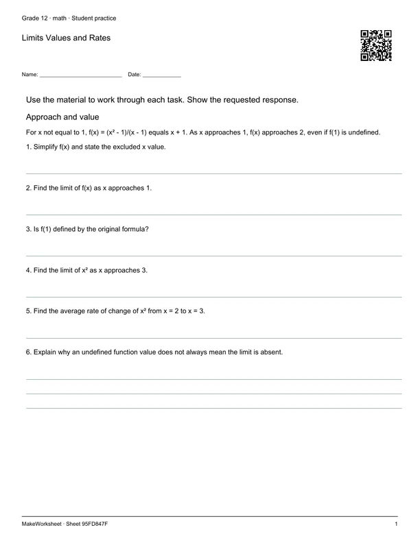 Limits Values and Rates: first student practice page