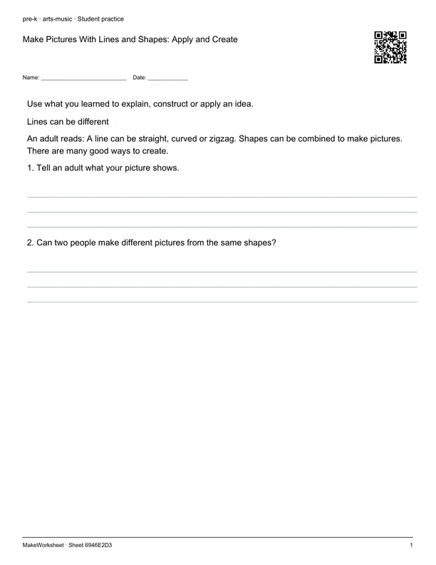 Make Pictures With Lines and Shapes: Apply and Create: first student practice page