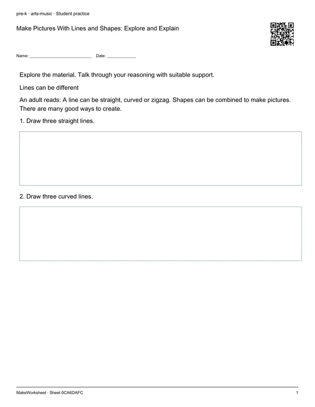 Make Pictures With Lines and Shapes: Explore and Explain: first student practice page