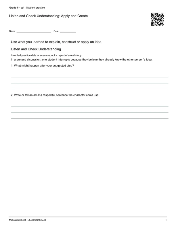 Listen and Check Understanding: Apply and Create: first student practice page