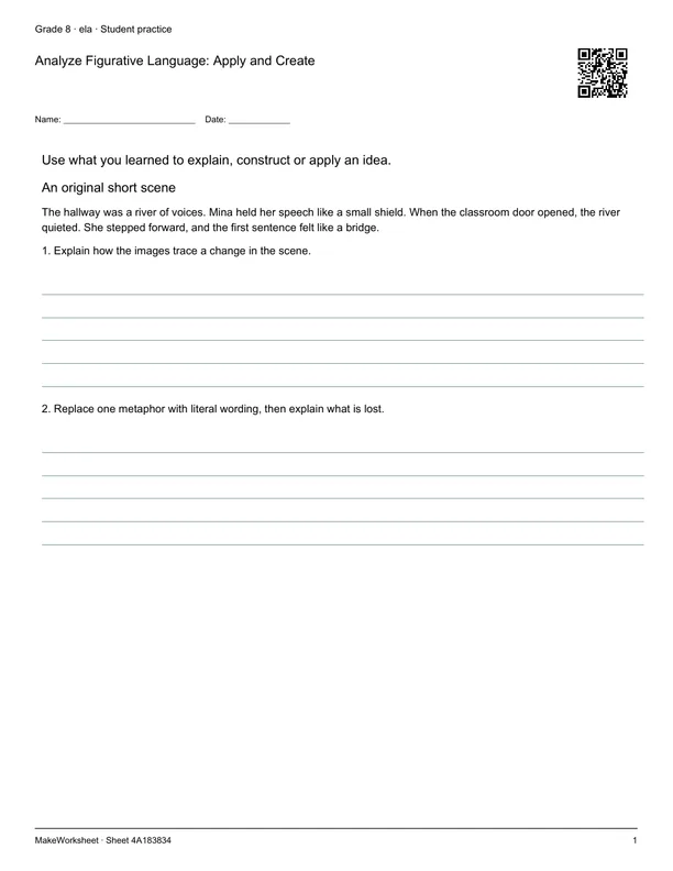 Analyze Figurative Language: Apply and Create: first student practice page