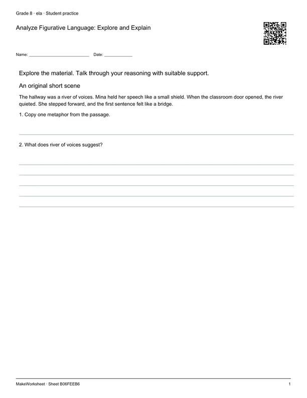 Analyze Figurative Language: Explore and Explain: first student practice page