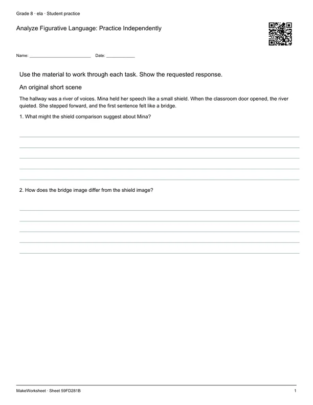 Analyze Figurative Language: Practice Independently: first student practice page