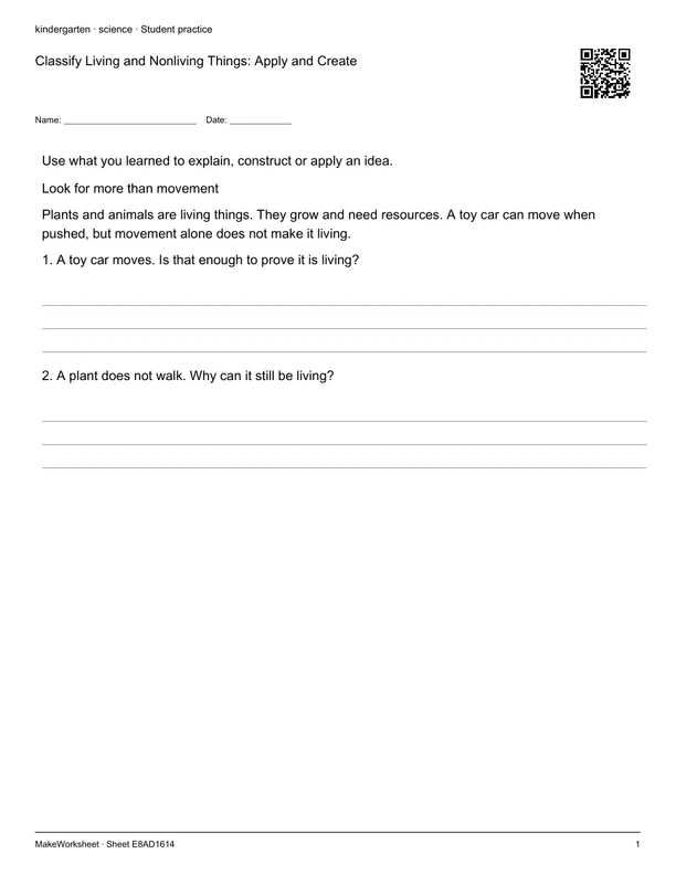 Classify Living and Nonliving Things: Apply and Create: first student practice page