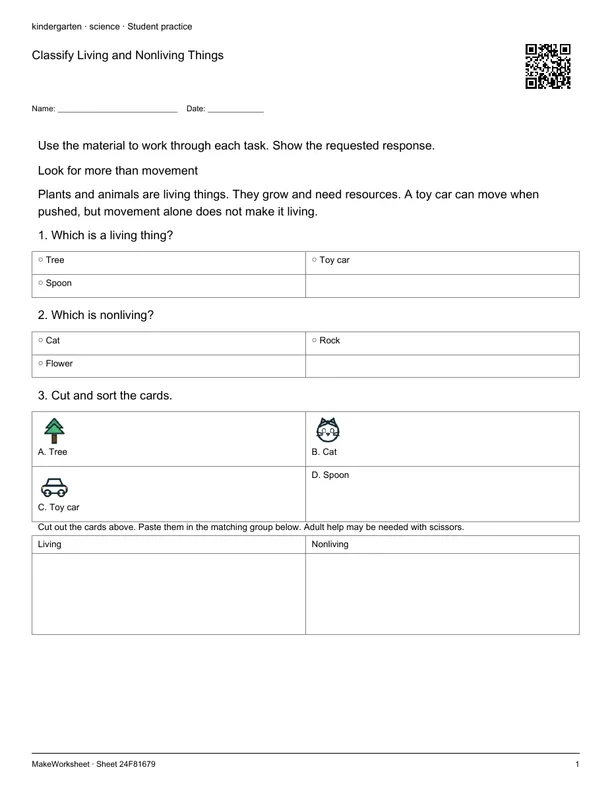Classify Living and Nonliving Things: first student practice page